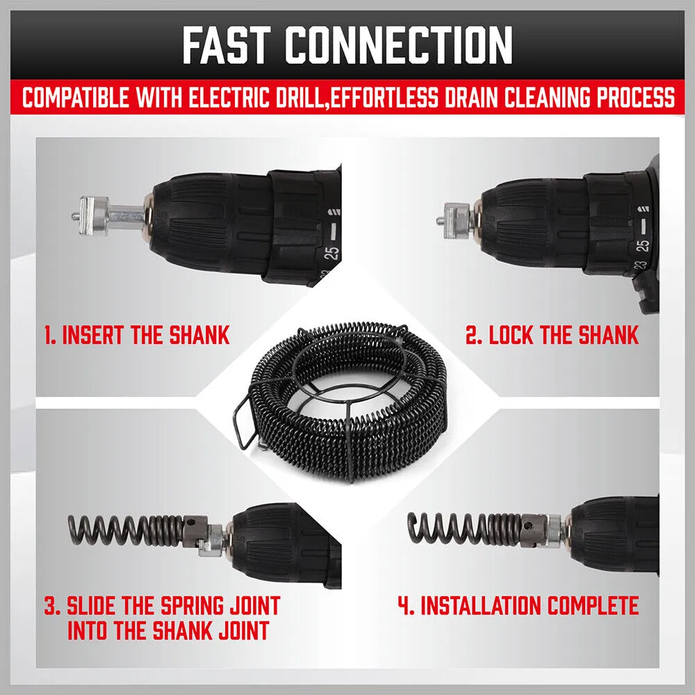 HORUSDY 12M Plumber Drain Snake with 6 Drill Cut Head - Flexible Pipe Clean Tool for Sewer and Pipeline Blockage, Compatible with Electric Drill