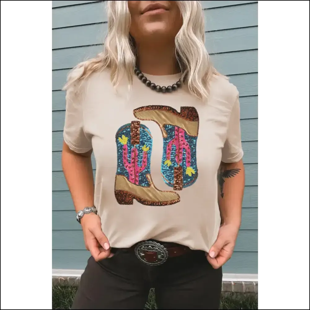 Khaki Sequined Boots Graphic Tee: Warning, May Cause Excessive Sparkle ✨ Needful Things