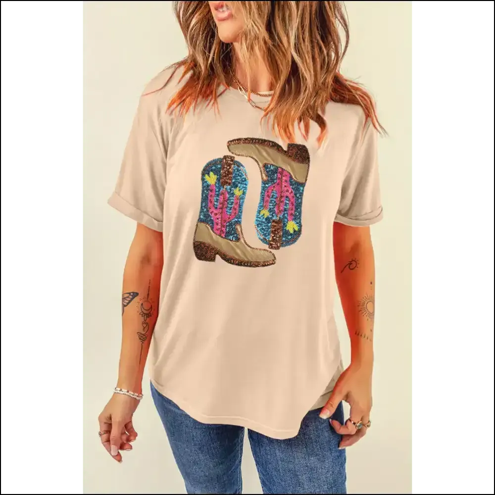 Khaki Sequined Boots Graphic Tee: Warning, May Cause Excessive Sparkle ✨ Needful Things