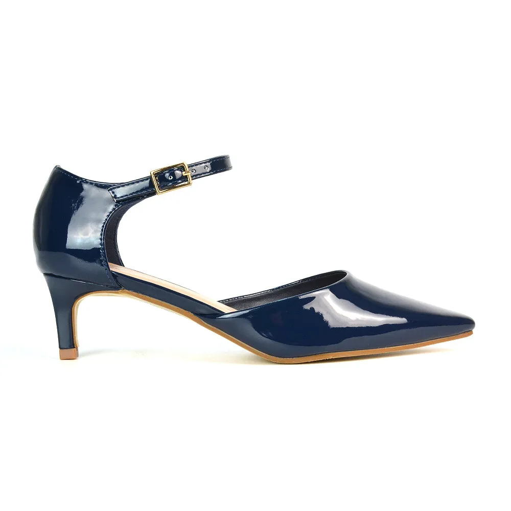 Lacey Kitten Low Heel Ankle Strap Pointed Toe Shoes in Navy Patent