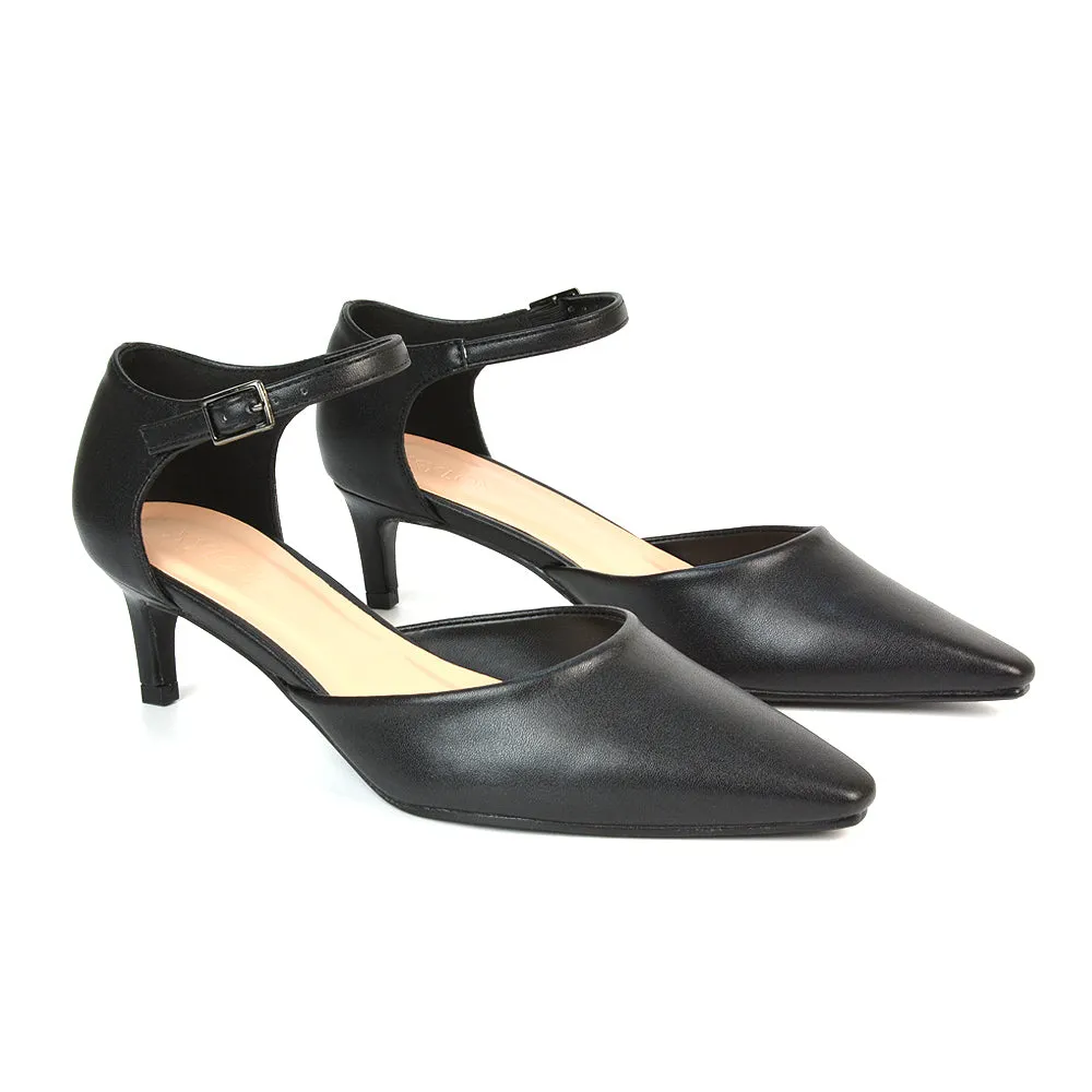 Lacey Kitten Low Heel Ankle Strap Pointed Toe Shoes in Navy Patent