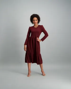 Ladies-Long Sleeve Fleece Tiered Midi Dress - Plum