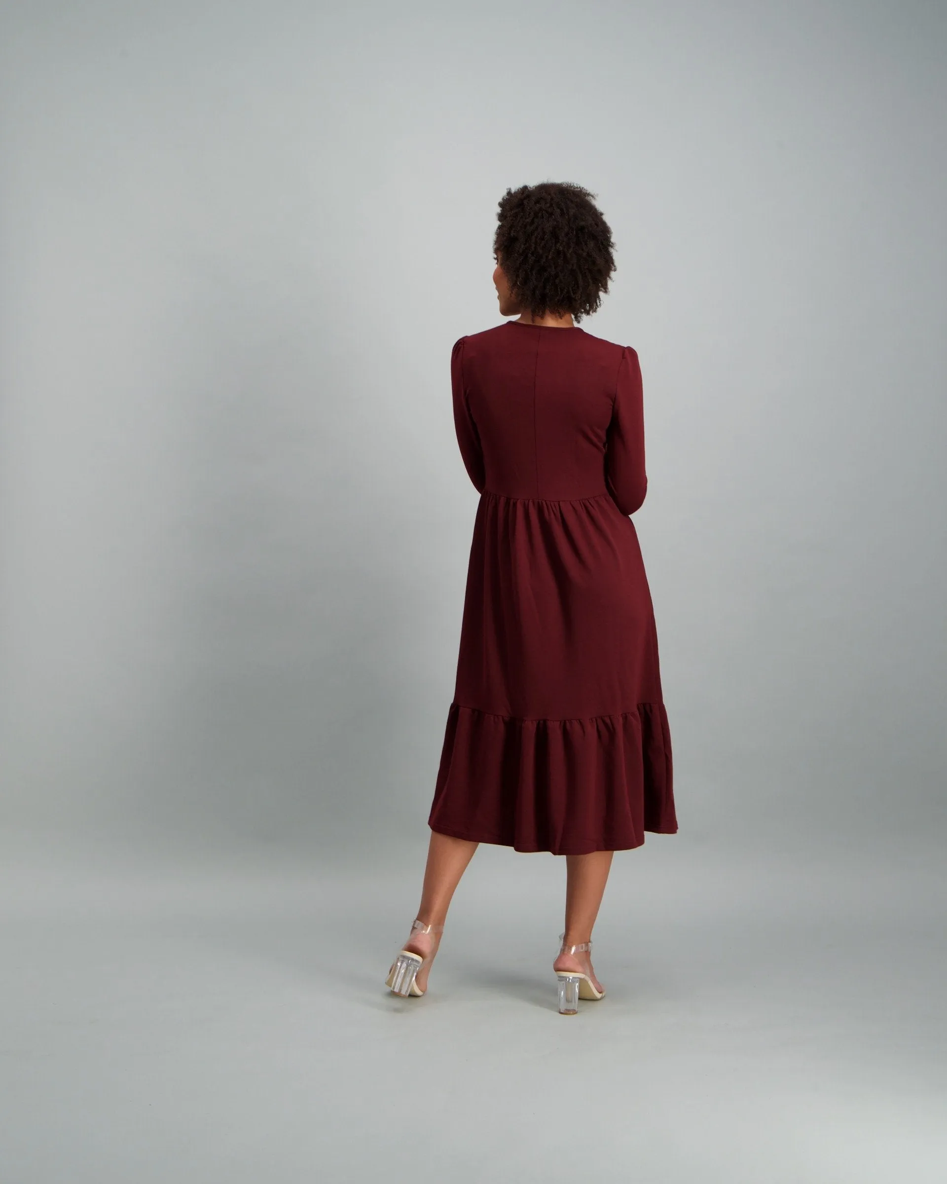 Ladies-Long Sleeve Fleece Tiered Midi Dress - Plum