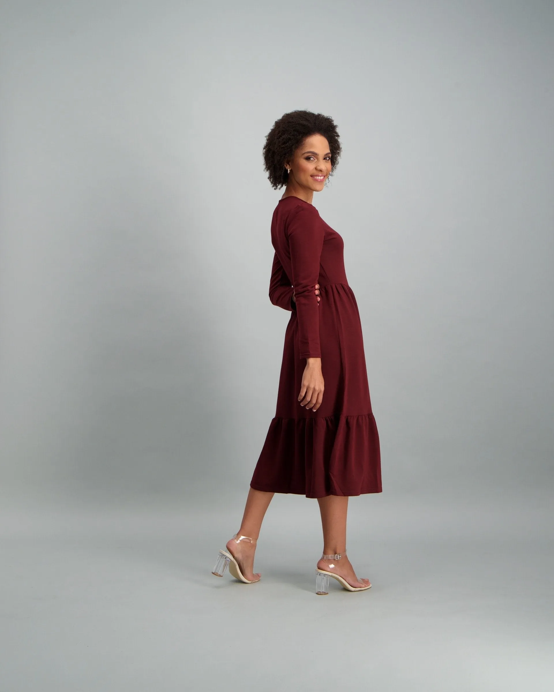 Ladies-Long Sleeve Fleece Tiered Midi Dress - Plum