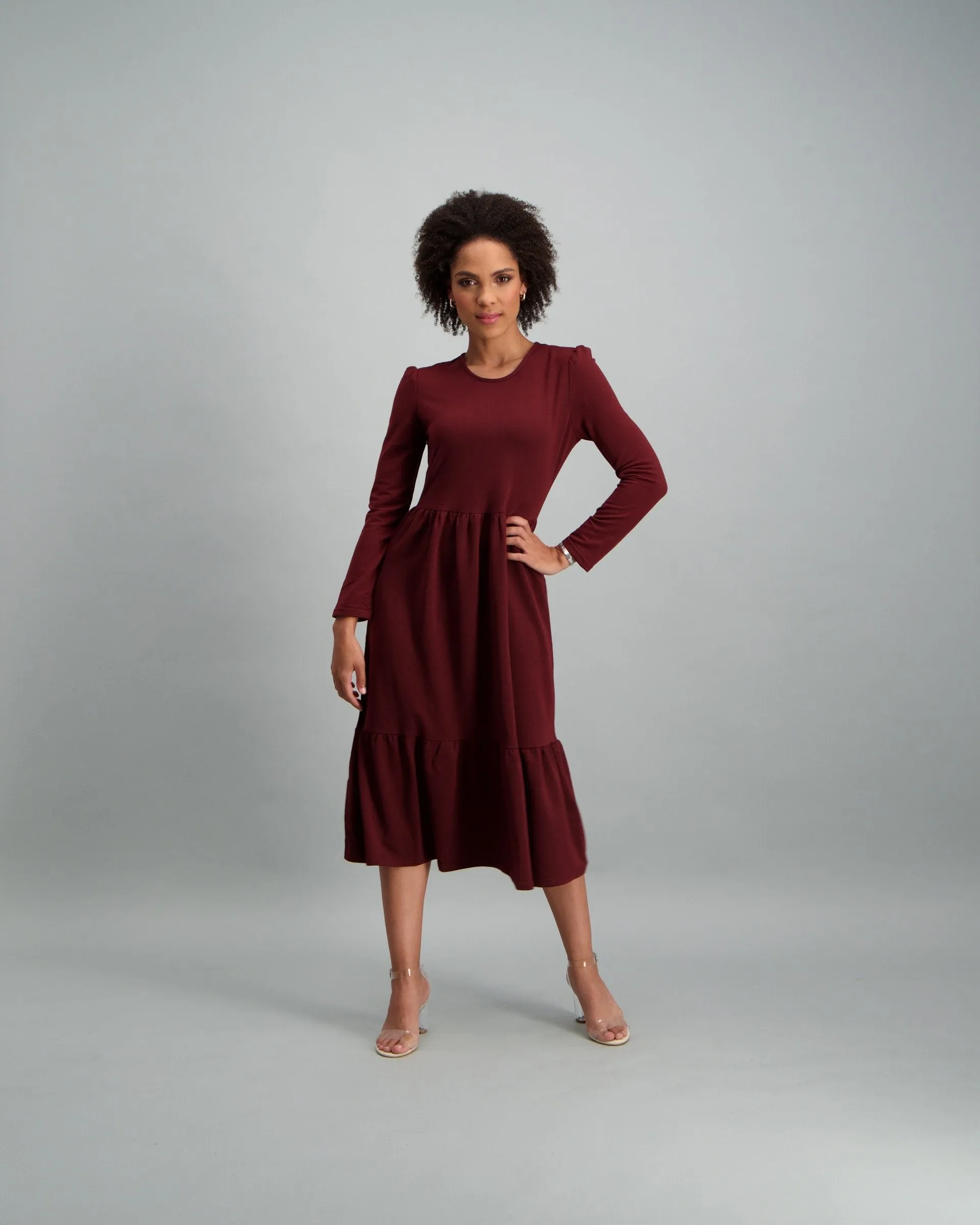 Ladies-Long Sleeve Fleece Tiered Midi Dress - Plum