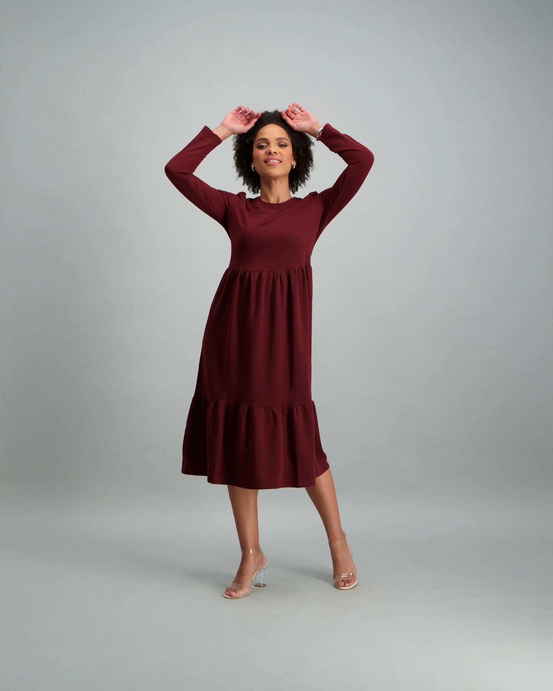 Ladies-Long Sleeve Fleece Tiered Midi Dress - Plum