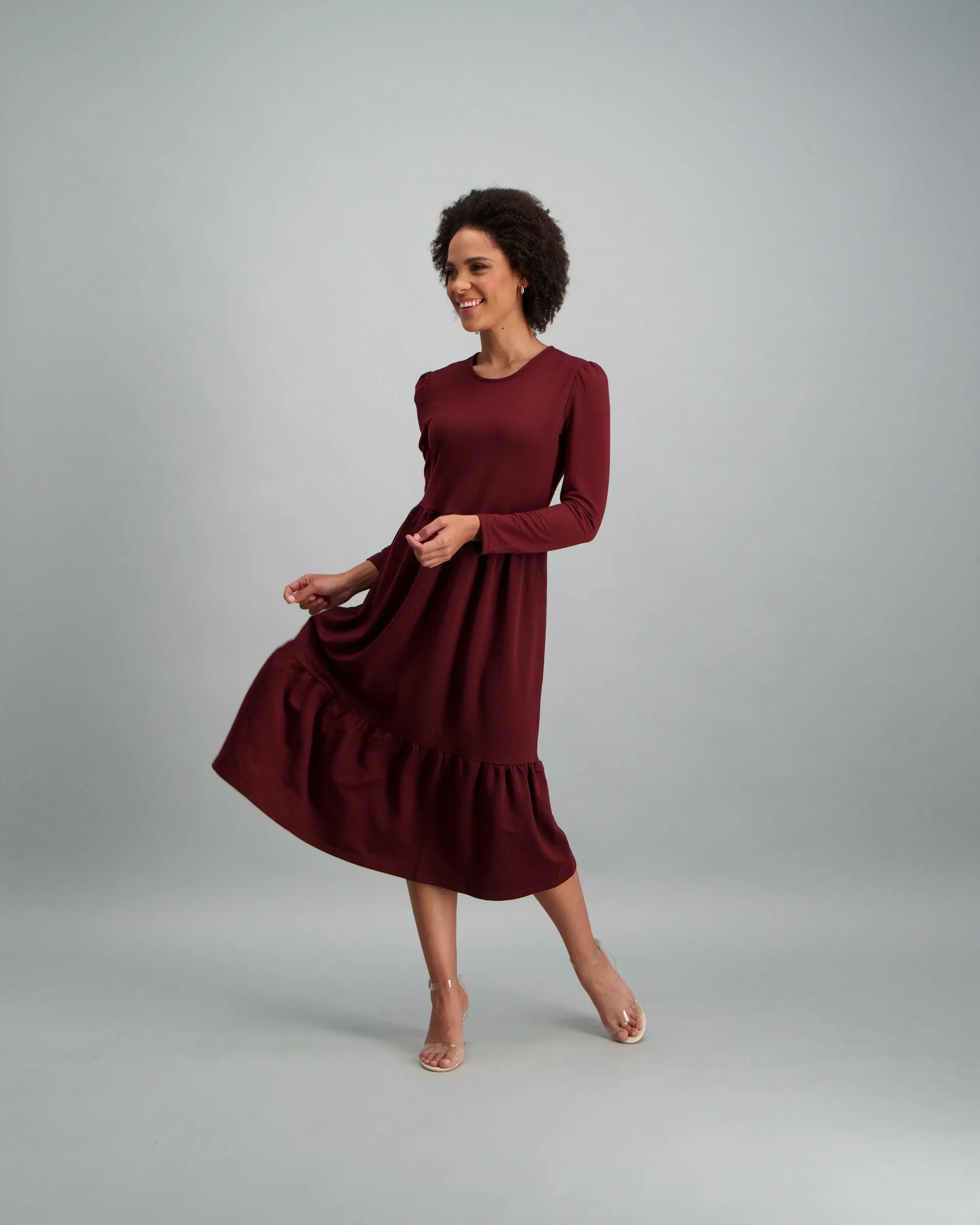 Ladies-Long Sleeve Fleece Tiered Midi Dress - Plum