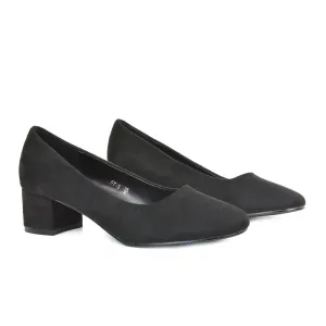 Liberty Low Block Heel Round Toe Slip On Classic Court Shoes in Black Faux Suede