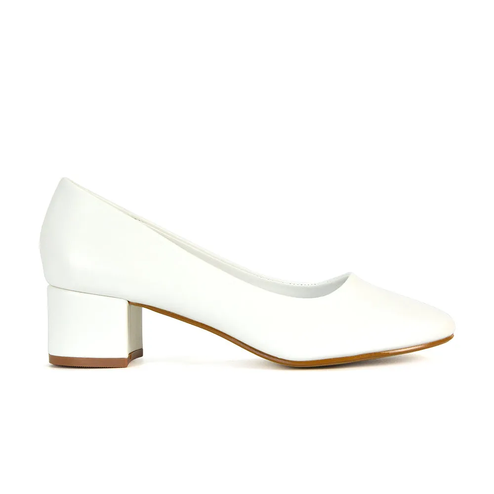 Liberty Low Block Heel Round Toe Slip On Classic Court Shoes in Navy Faux Suede