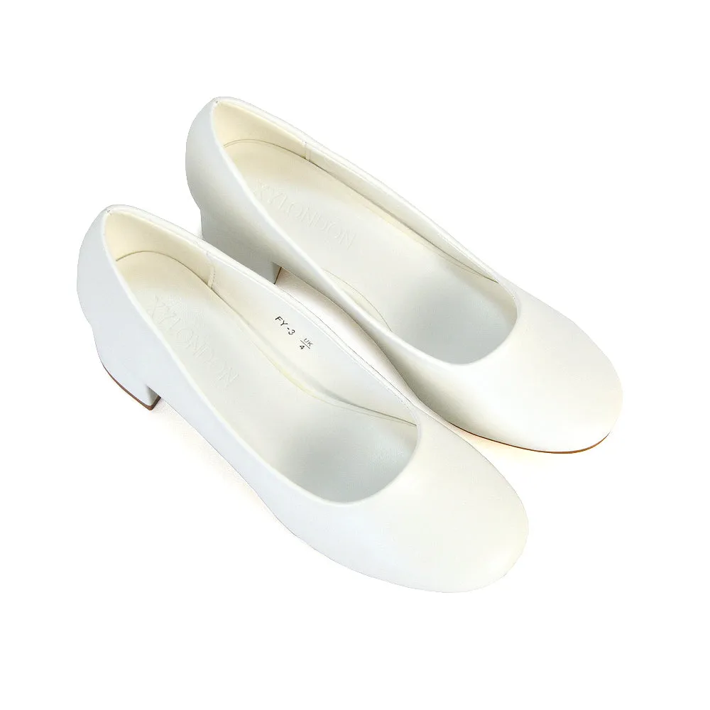 Liberty Low Block Heel Round Toe Slip On Classic Court Shoes in Navy Faux Suede