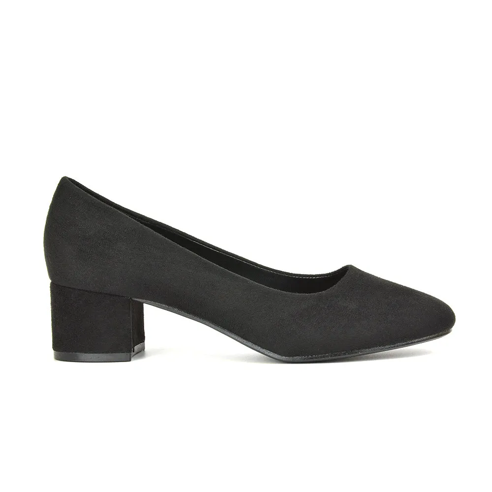 Liberty Low Block Heel Round Toe Slip On Classic Court Shoes in Navy Faux Suede