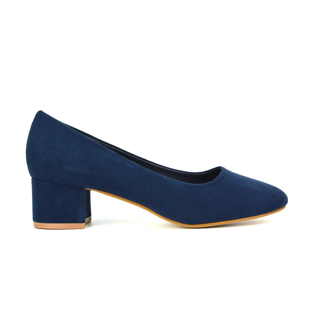 Liberty Low Block Heel Round Toe Slip On Classic Court Shoes in Navy Faux Suede