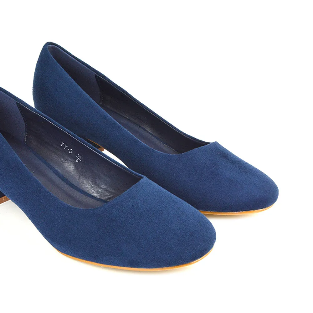 Liberty Low Block Heel Round Toe Slip On Classic Court Shoes in Navy Faux Suede