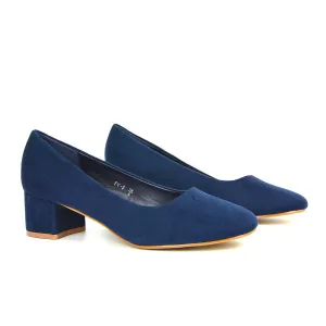 Liberty Low Block Heel Round Toe Slip On Classic Court Shoes in Navy Faux Suede