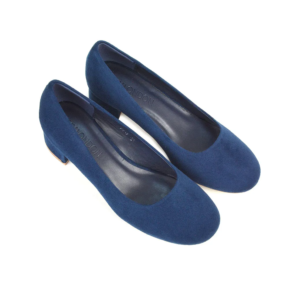 Liberty Low Block Heel Round Toe Slip On Classic Court Shoes in Navy Faux Suede