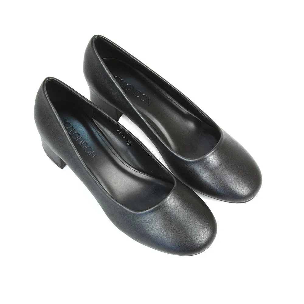Liberty Low Block Heel Round Toe Slip On Classic Court Shoes in Navy Faux Suede