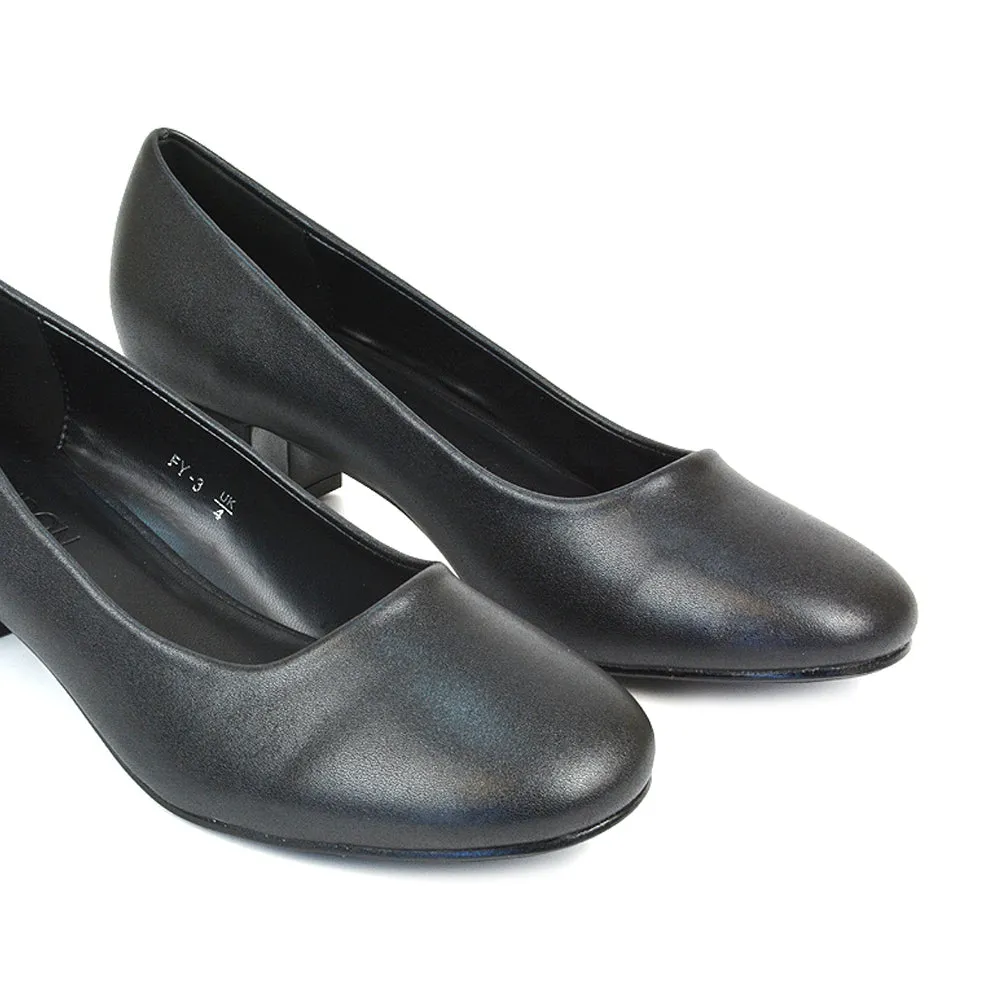 Liberty Low Block Heel Round Toe Slip On Classic Court Shoes in Navy Faux Suede