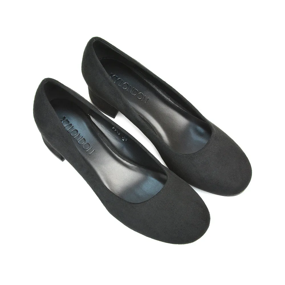 Liberty Low Block Heel Round Toe Slip On Classic Court Shoes in Navy Faux Suede