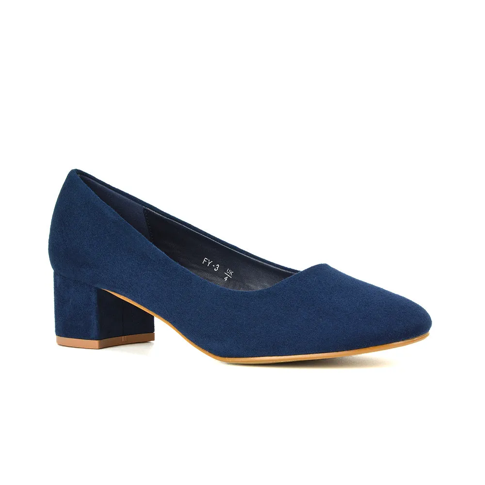 Liberty Low Block Heel Round Toe Slip On Classic Court Shoes in Navy Faux Suede
