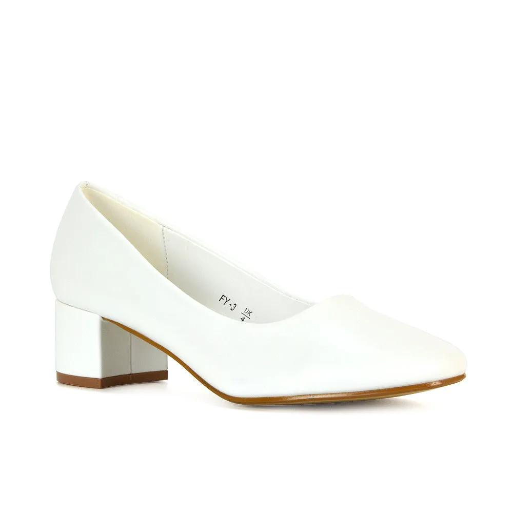 Liberty Low Block Heel Round Toe Slip On Classic Court Shoes in Navy Faux Suede