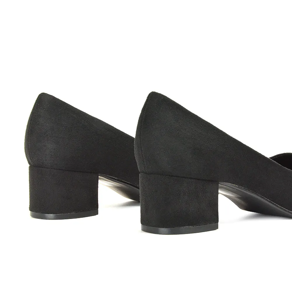 Liberty Low Block Heel Round Toe Slip On Classic Court Shoes in Navy Faux Suede