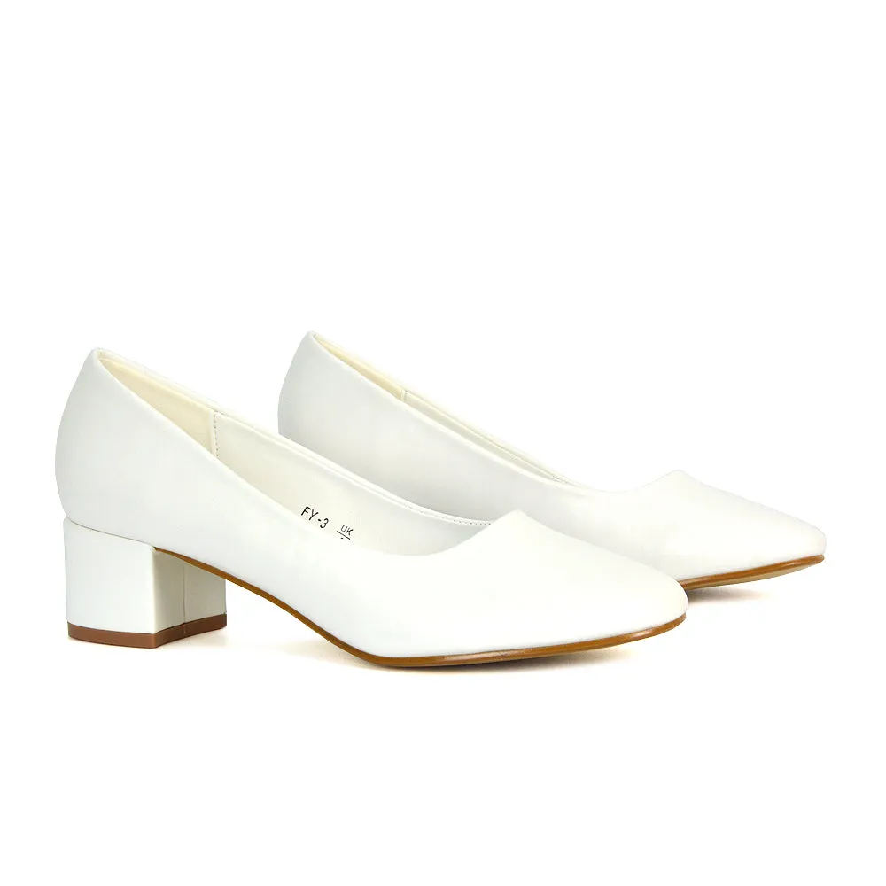 Liberty Low Block Heel Round Toe Slip On Classic Court Shoes in Navy Faux Suede