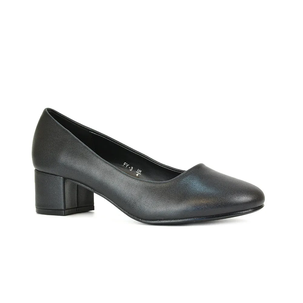 Liberty Low Block Heel Round Toe Slip On Classic Court Shoes in Navy Faux Suede