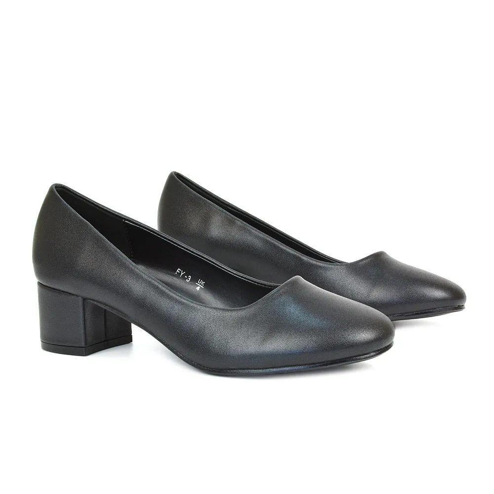 Liberty Low Block Heel Round Toe Slip On Classic Court Shoes in Navy Faux Suede