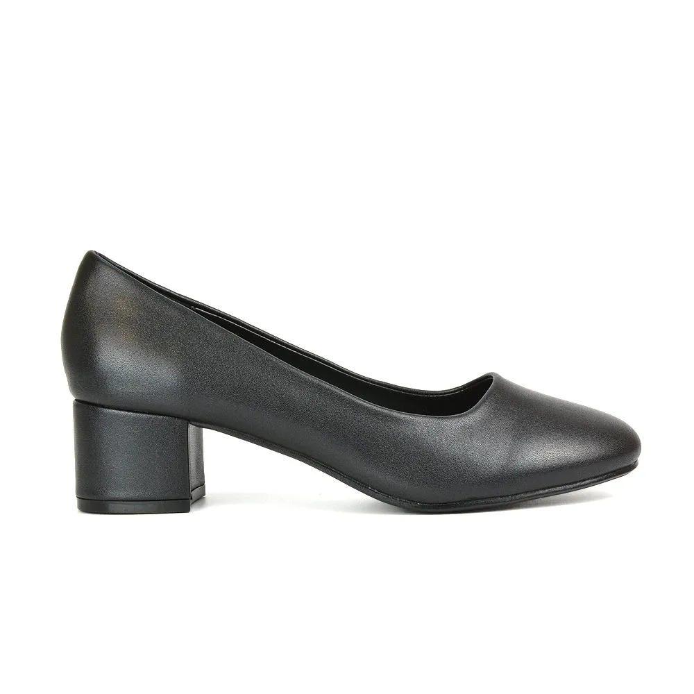 Liberty Low Block Heel Round Toe Slip On Classic Court Shoes in Navy Faux Suede