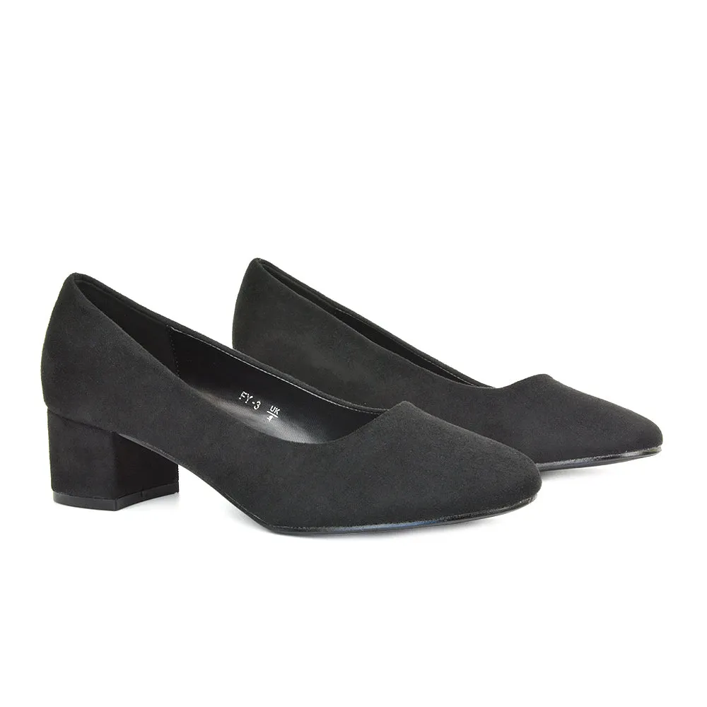 Liberty Low Block Heel Round Toe Slip On Classic Court Shoes in Navy Faux Suede