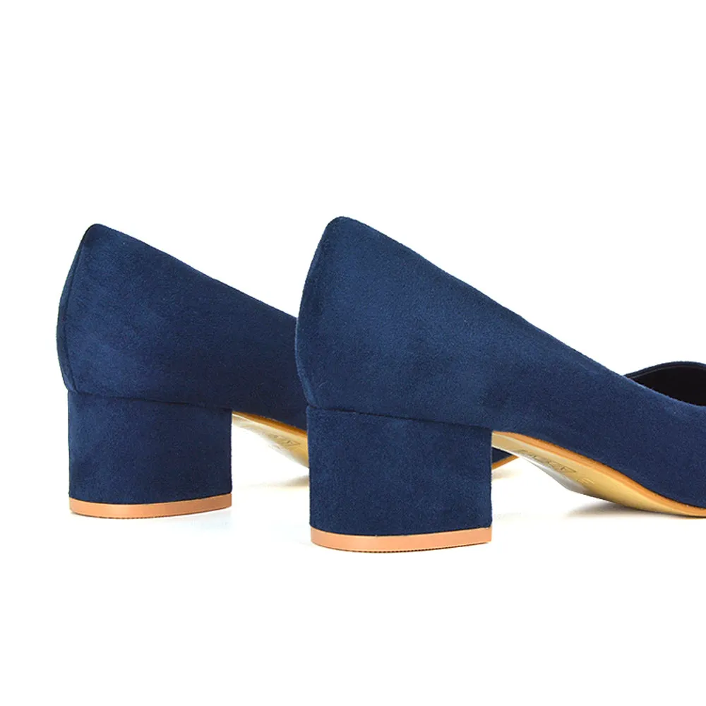 Liberty Low Block Heel Round Toe Slip On Classic Court Shoes in Navy Faux Suede