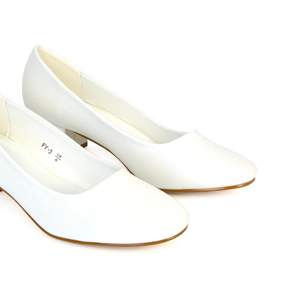 Liberty Low Block Heel Round Toe Slip On Classic Court Shoes in Navy Faux Suede