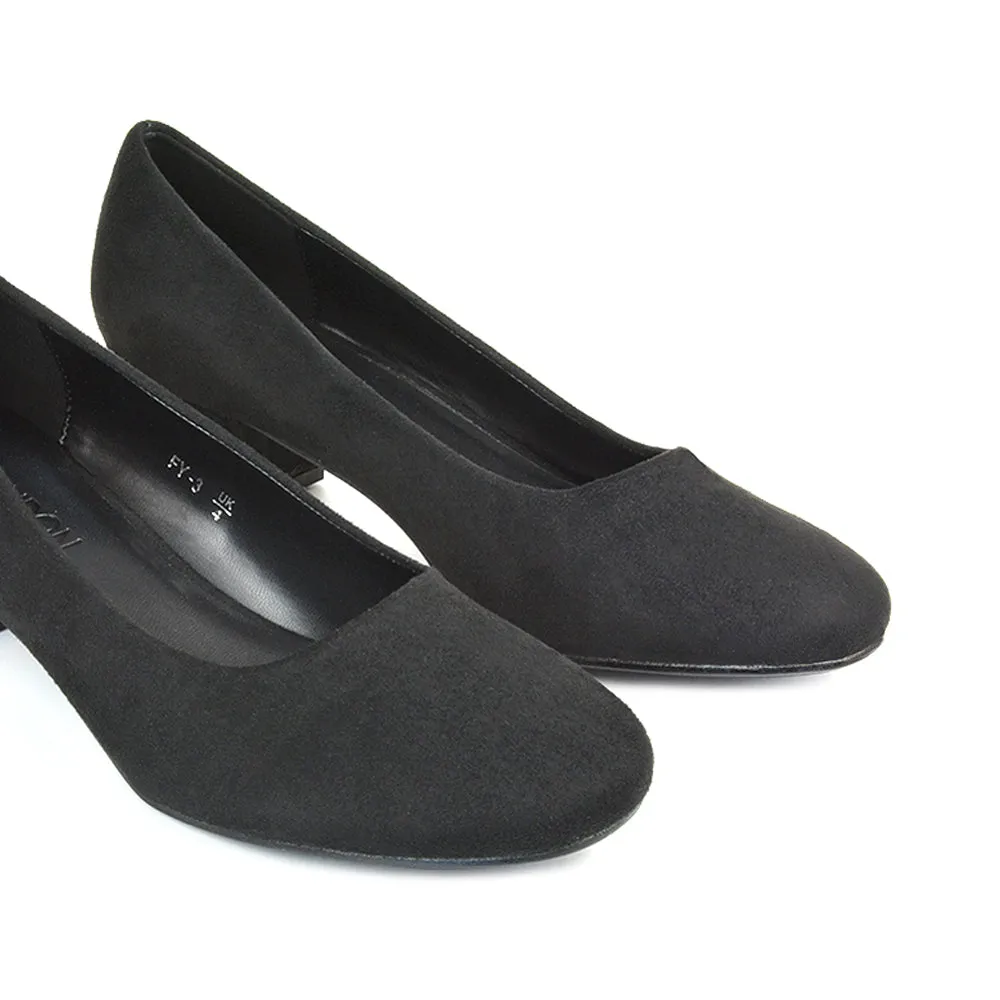 Liberty Low Block Heel Round Toe Slip On Classic Court Shoes in Navy Faux Suede