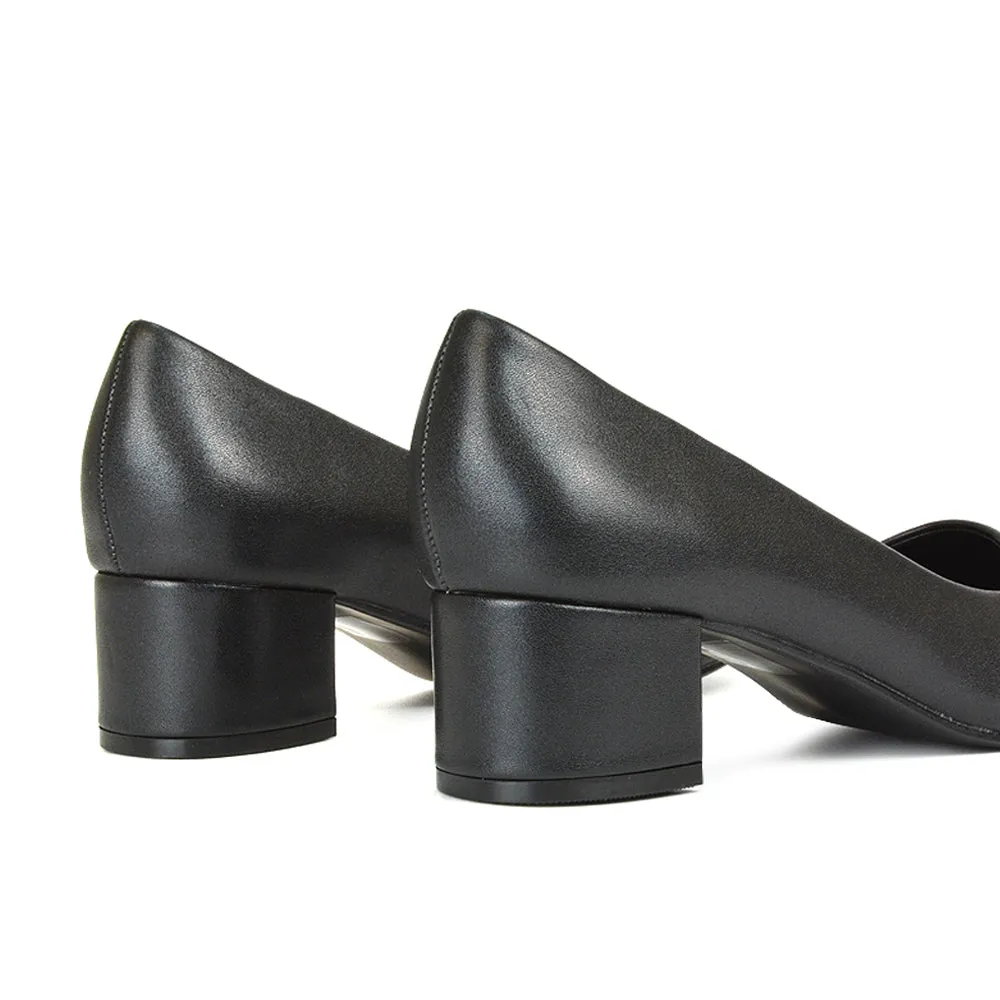 Liberty Low Block Heel Round Toe Slip On Classic Court Shoes in Navy Faux Suede