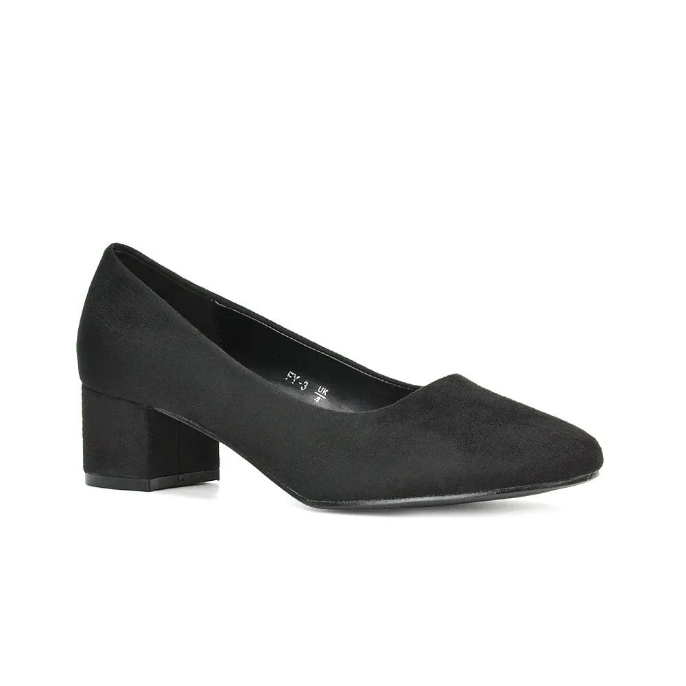 Liberty Low Block Heel Round Toe Slip On Classic Court Shoes in Navy Faux Suede