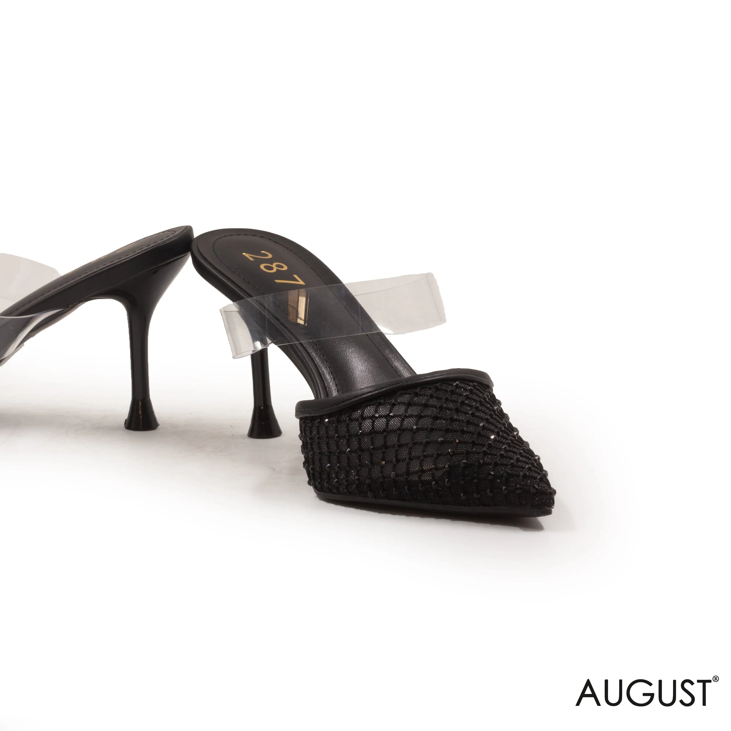 LOW-HEEL SATIN SLIPPER WITH RHINESTONES