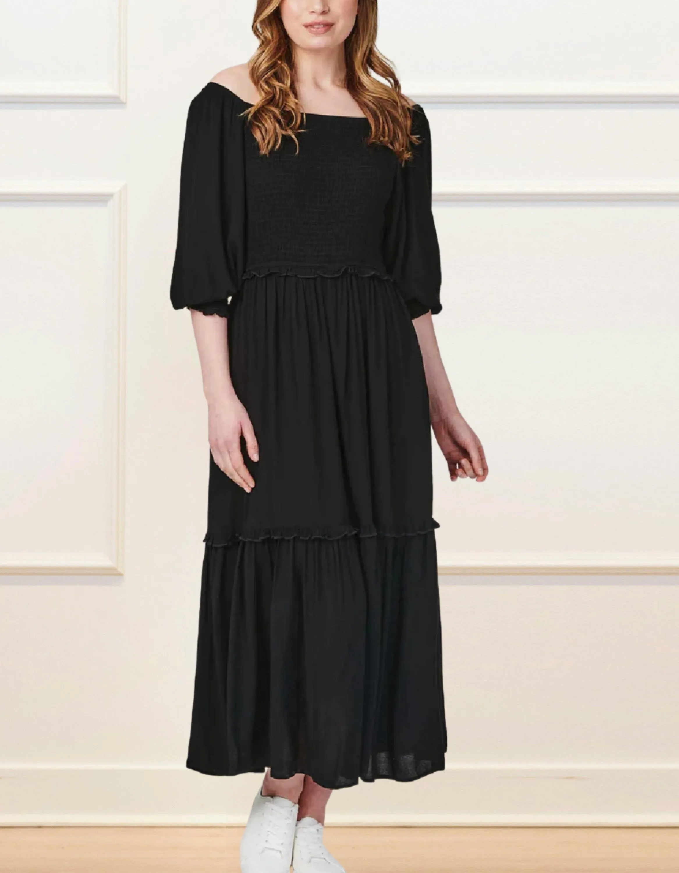 Madison Maxi Dress Tiered Elastic Black