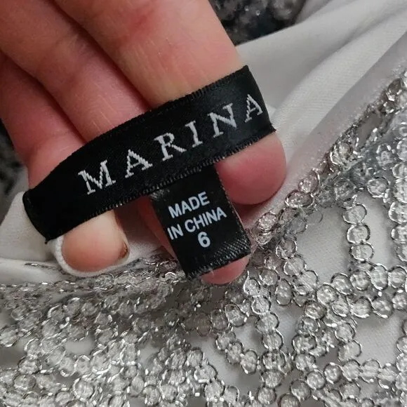 Marina Silver lace embroidery full length sleeveless v neck formal dress gown 8