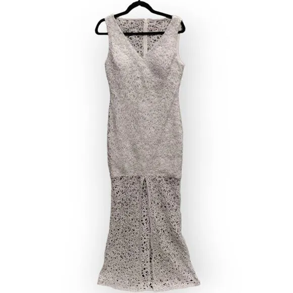 Marina Silver lace embroidery full length sleeveless v neck formal dress gown 8