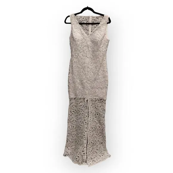 Marina Silver lace embroidery full length sleeveless v neck formal dress gown 8