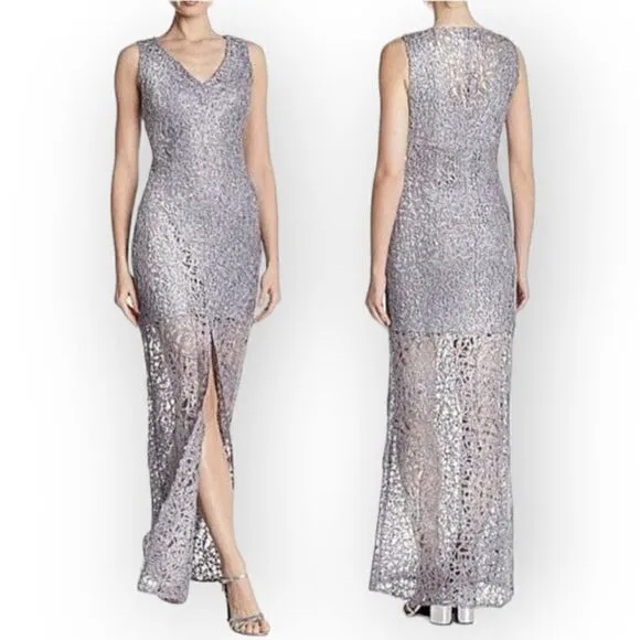 Marina Silver lace embroidery full length sleeveless v neck formal dress gown 8