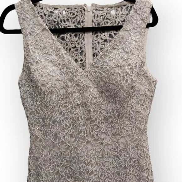 Marina Silver lace embroidery full length sleeveless v neck formal dress gown 8