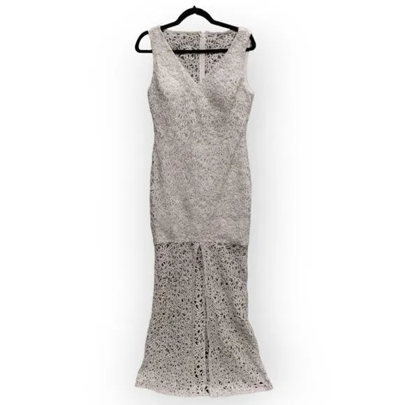 Marina Silver lace embroidery full length sleeveless v neck formal dress gown 8