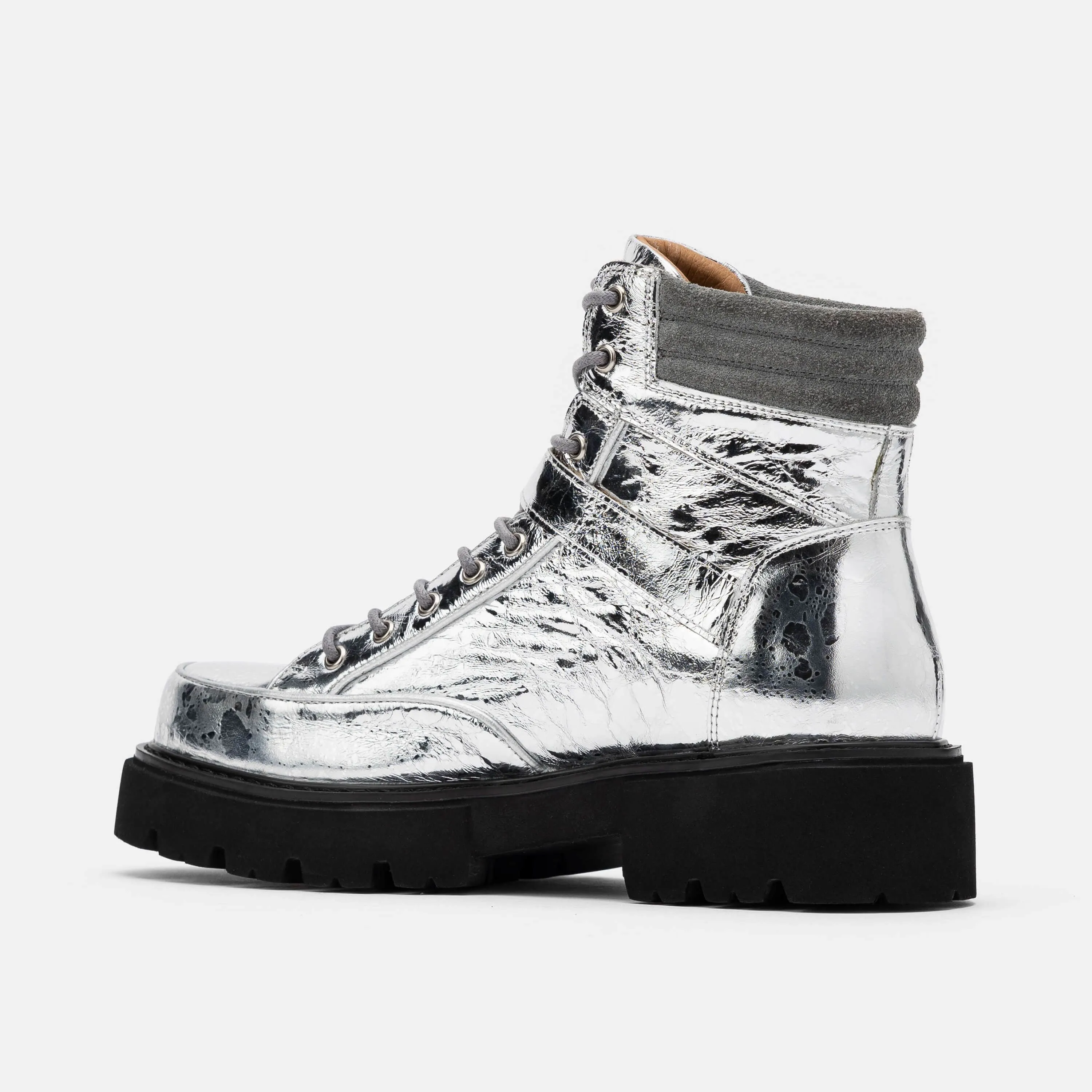 Ms. Atlas Chrome Patent Leather Strap Boots