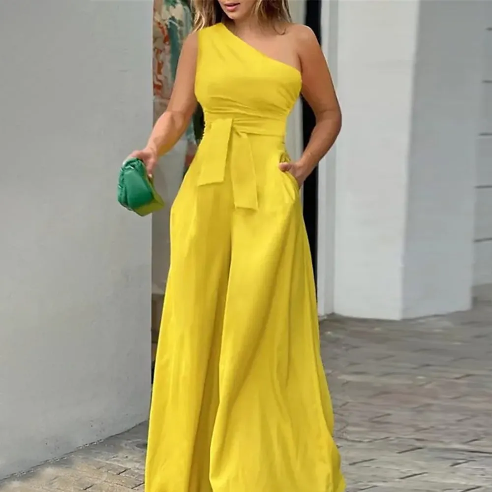 One-Shoulder Belted Wide-Leg Jumpsuit with Elegant Fit
