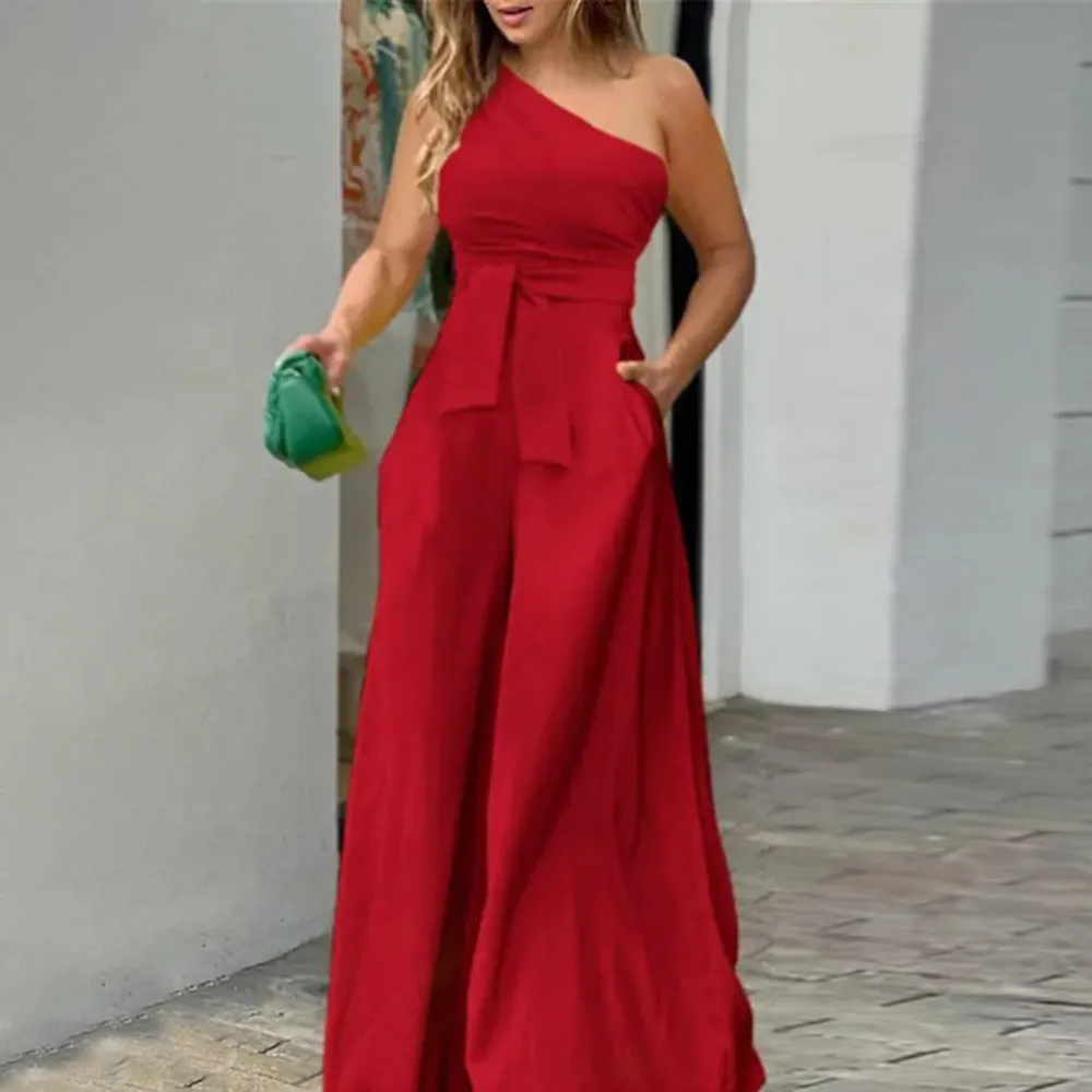 One-Shoulder Belted Wide-Leg Jumpsuit with Elegant Fit