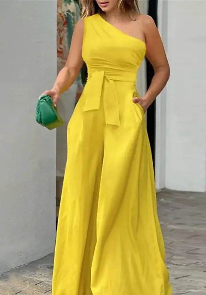 One-Shoulder Belted Wide-Leg Jumpsuit with Elegant Fit