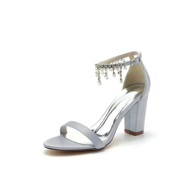 Open Toe Block Heels with Rhinestone Tassel