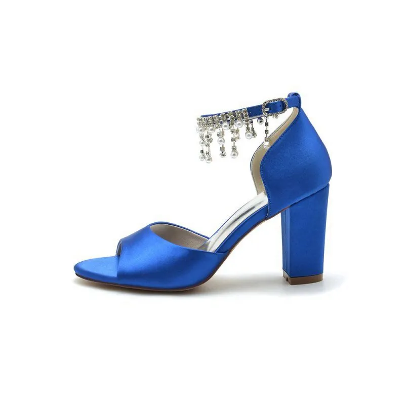 Open Toe Pearl Tassel Satin Chunky Heels