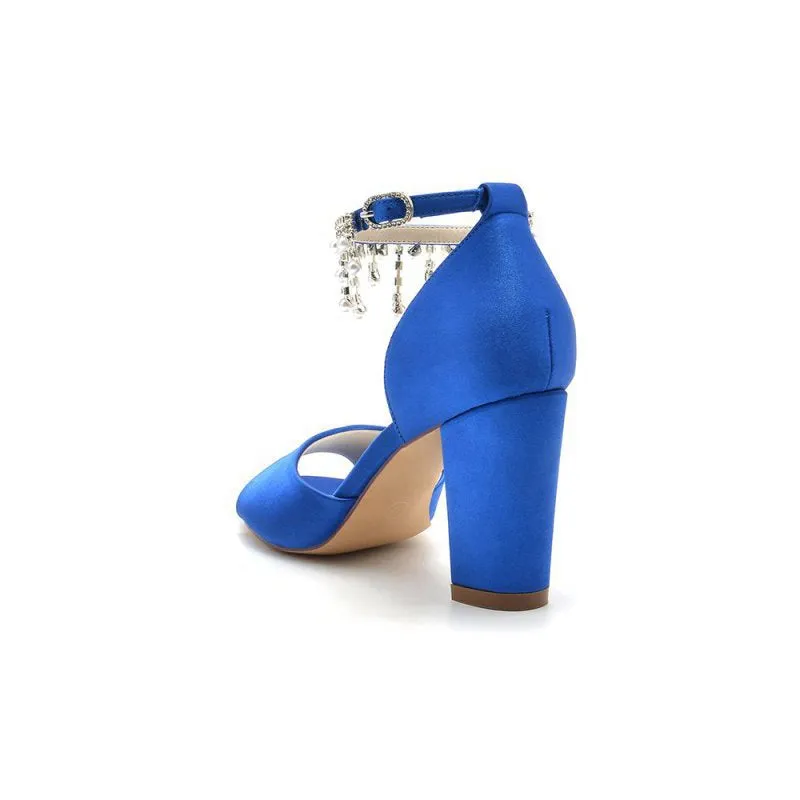 Open Toe Pearl Tassel Satin Chunky Heels